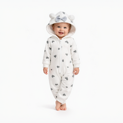 BRANDONN Baby Winter Fleece Hooded Romper – 320 GSM Heart Print Zipper Onesie