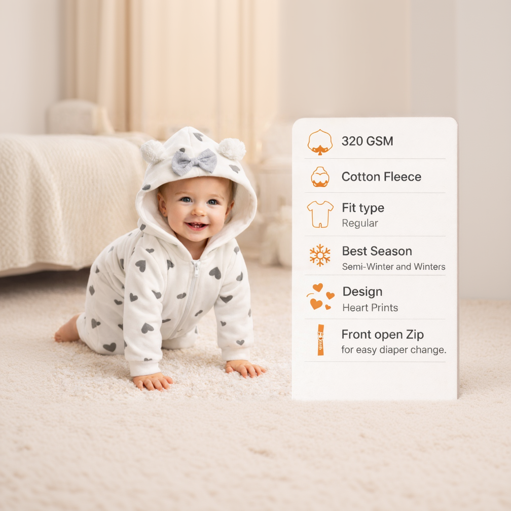 BRANDONN Baby Winter Fleece Hooded Romper – 320 GSM Heart Print Zipper Onesie