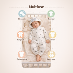BRANDONN Baby Winter Fleece Hooded Romper – 320 GSM Heart Print Zipper Onesie