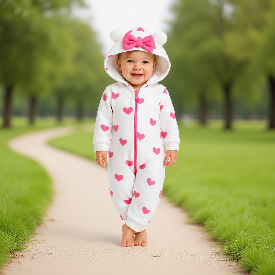 BRANDONN Baby Winter Fleece Hooded Romper – 320 GSM Heart Print Zipper Onesie