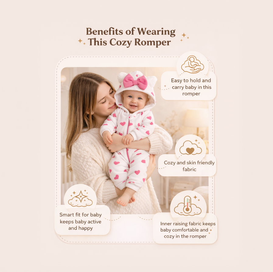 BRANDONN Baby Winter Fleece Hooded Romper – 320 GSM Heart Print Zipper Onesie