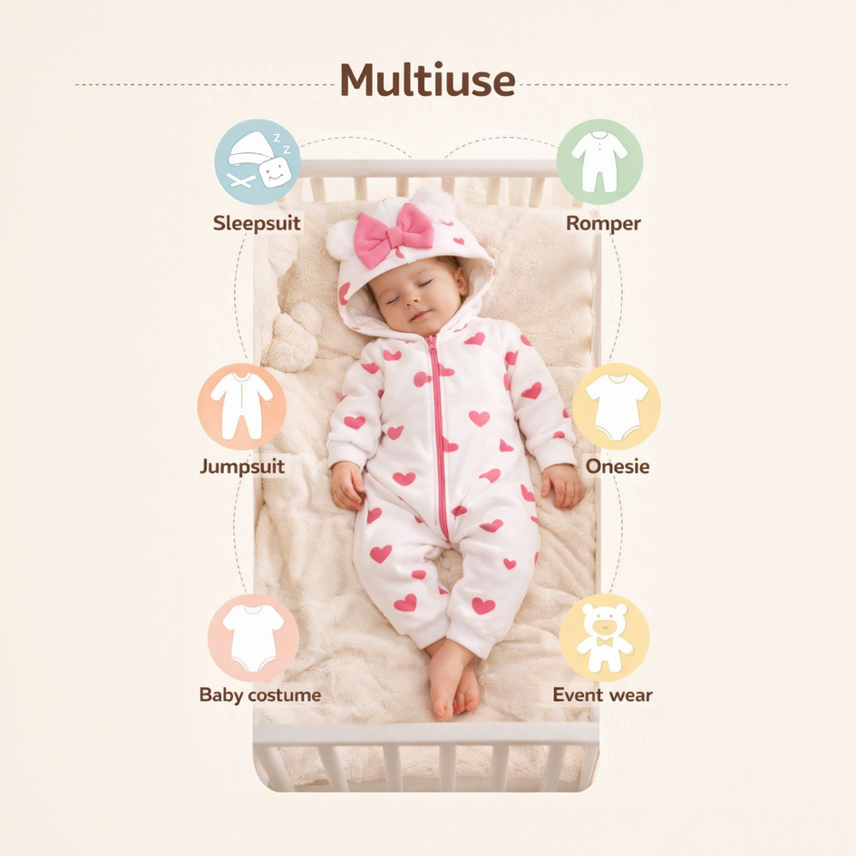 BRANDONN Baby Winter Fleece Hooded Romper – 320 GSM Heart Print Zipper Onesie
