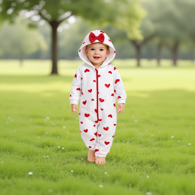 BRANDONN Baby Winter Fleece Hooded Romper – 320 GSM Heart Print Zipper Onesie