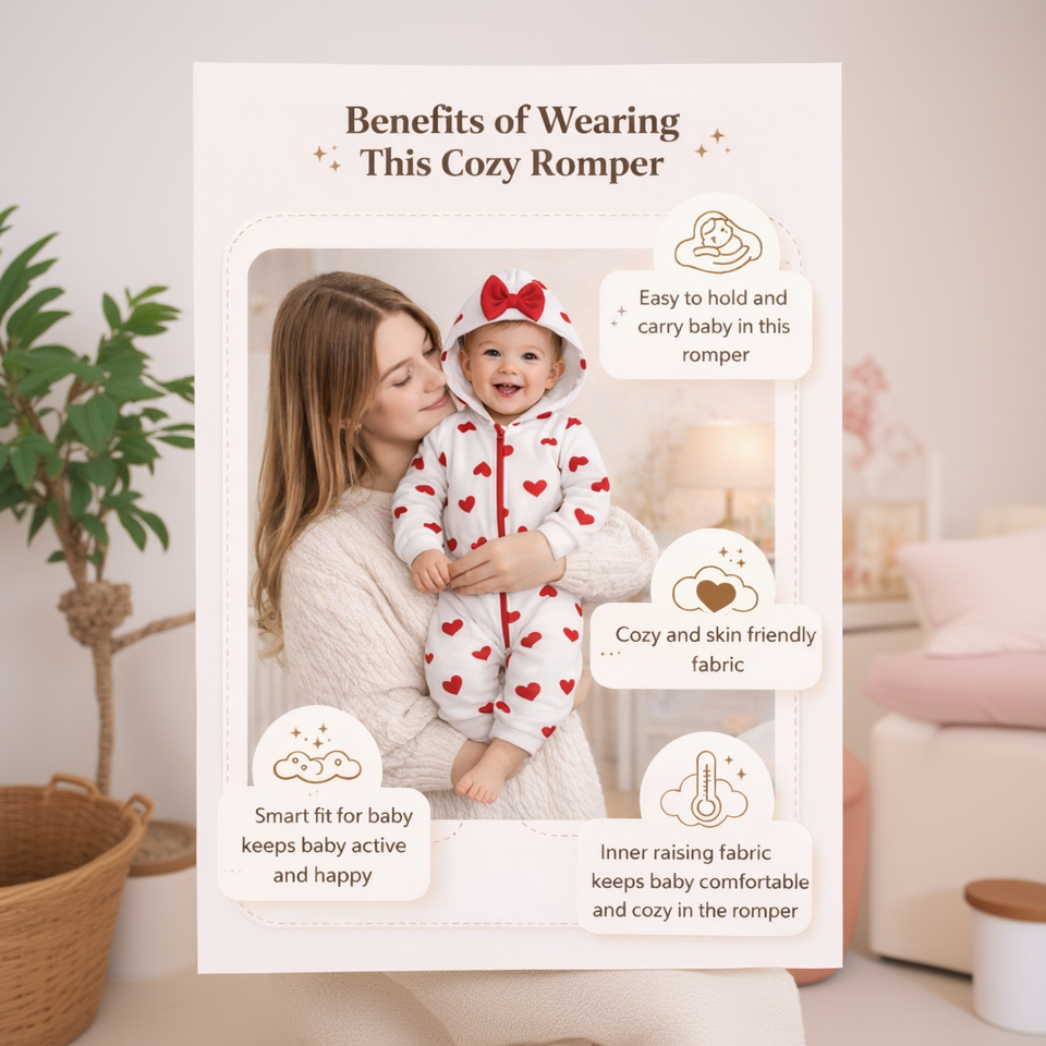BRANDONN Baby Winter Fleece Hooded Romper – 320 GSM Heart Print Zipper Onesie