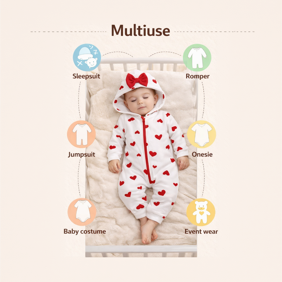 BRANDONN Baby Winter Fleece Hooded Romper – 320 GSM Heart Print Zipper Onesie