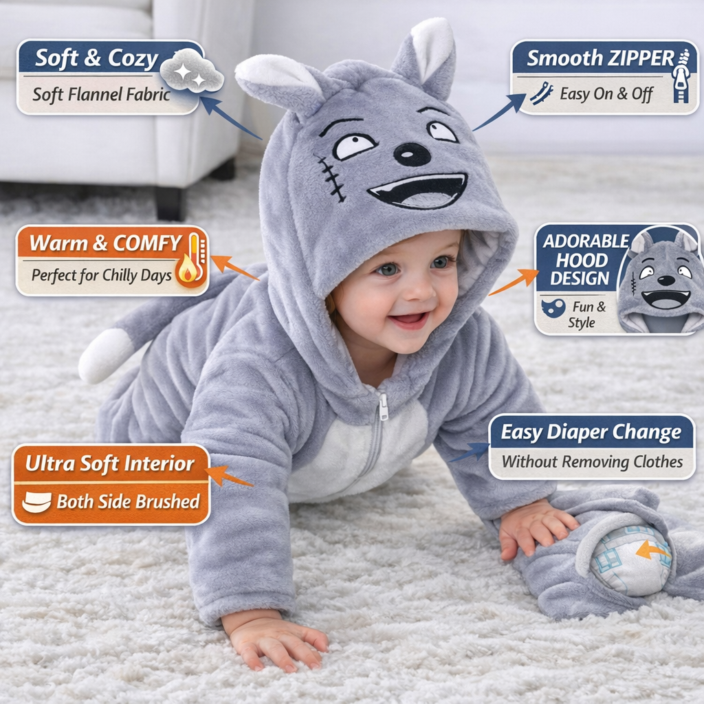 BRANDONN Baby Winter flannel Hooded Romper – Soft Warm Newborn Zipper Onesie