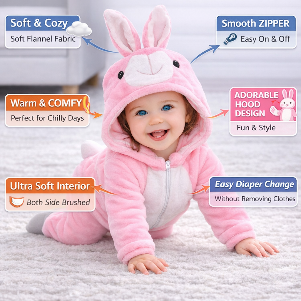 BRANDONN Baby Winter flannel Hooded Romper – Soft Warm Newborn Zipper Onesie