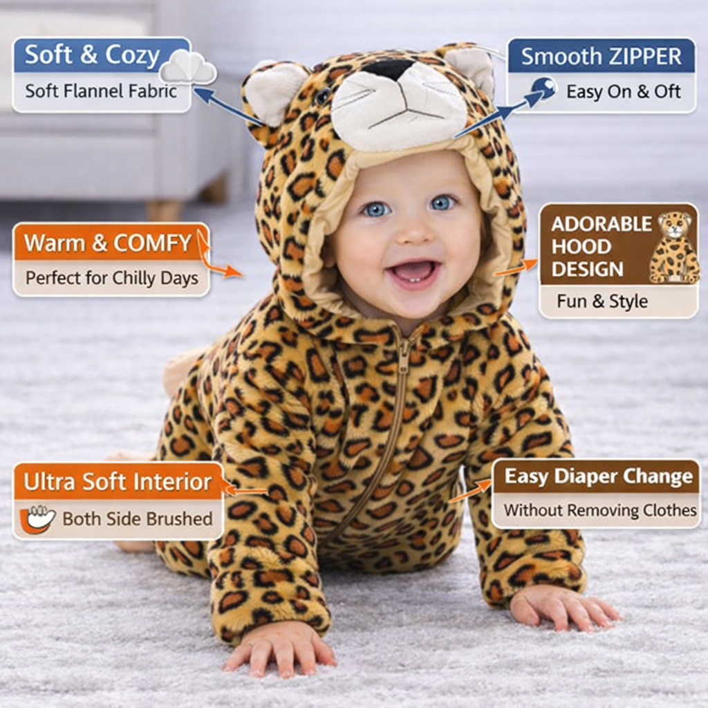 BRANDONN Baby Winter flannel Hooded Romper – Soft Warm Newborn Zipper Onesie