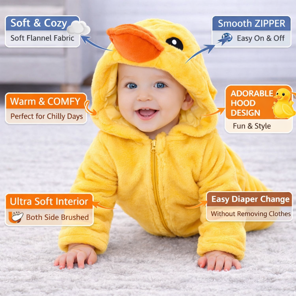 BRANDONN Baby Winter flannel Hooded Romper – Soft Warm Newborn Zipper Onesie