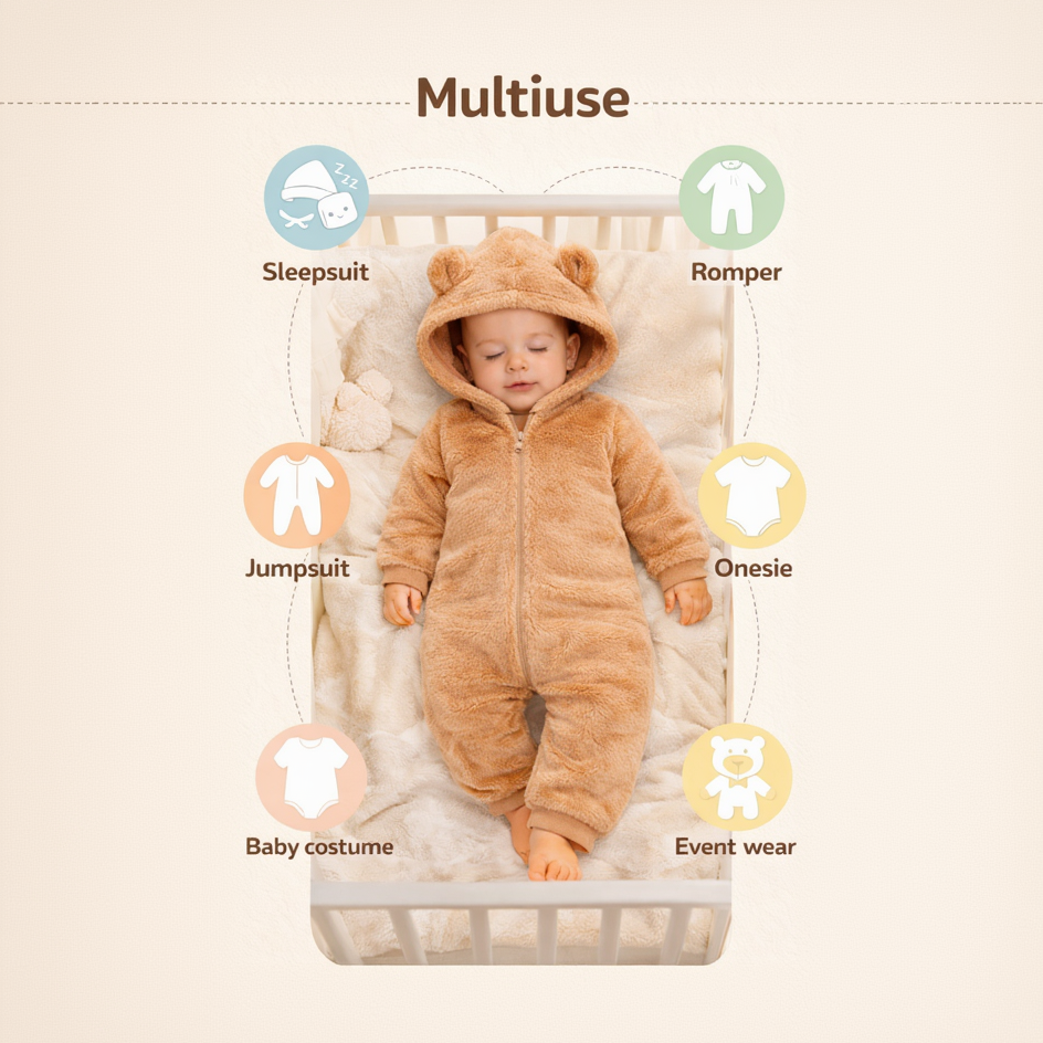 BRANDONN Baby Winter Flannel Hooded Romper – Warm Zipper Onesie for Newborn Boys & Girls