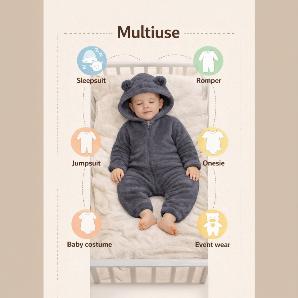 BRANDONN Baby Winter Flannel Hooded Romper – Warm Zipper Onesie for Newborn Boys & Girls