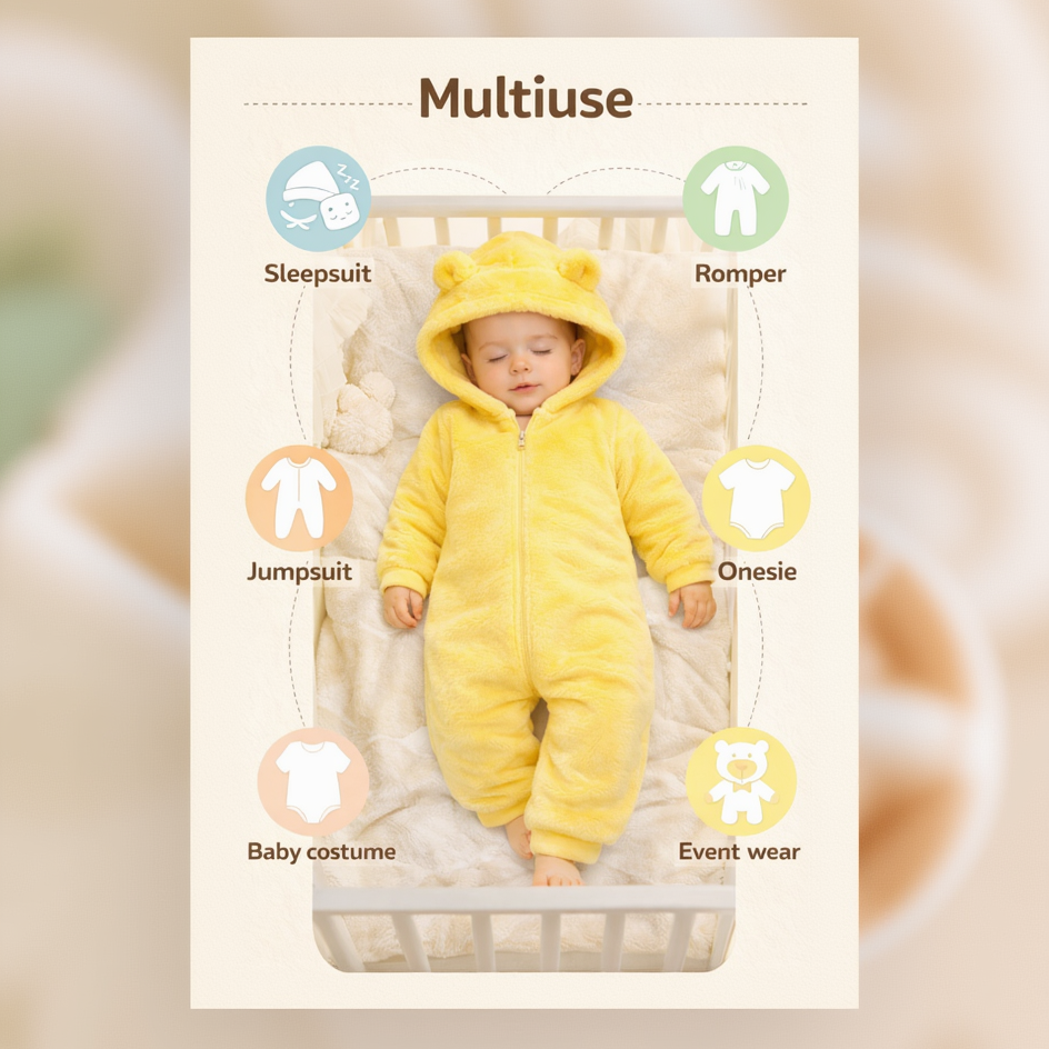 BRANDONN Baby Winter Flannel Hooded Romper – Warm Zipper Onesie for Newborn Boys & Girls