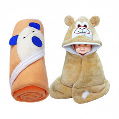 BRANDONN Newborn Combo of Shearing Velvet and Fleece Hooded Baby Blanket (Pack of 2, Beige)