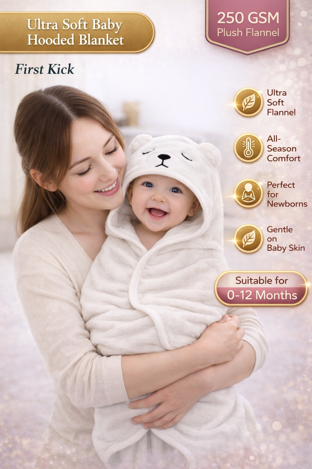 BRANDONN Baby Hooded Blanket Wrapper & Bath Towel, Grey Elephant, 0–12 Months, 75x75 cm