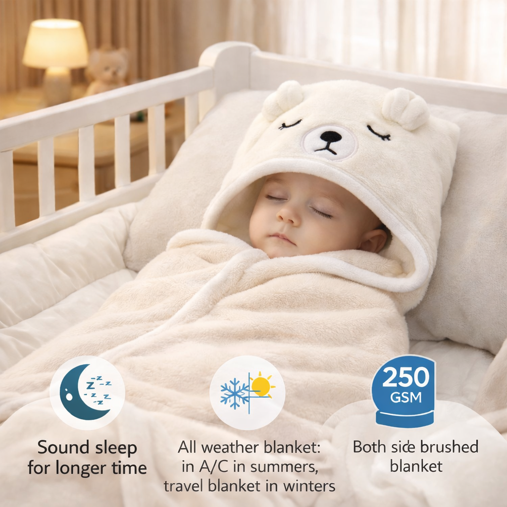 BRANDONN Baby Hooded Blanket Wrapper & Bath Towel, Grey Elephant, 0–12 Months, 75x75 cm