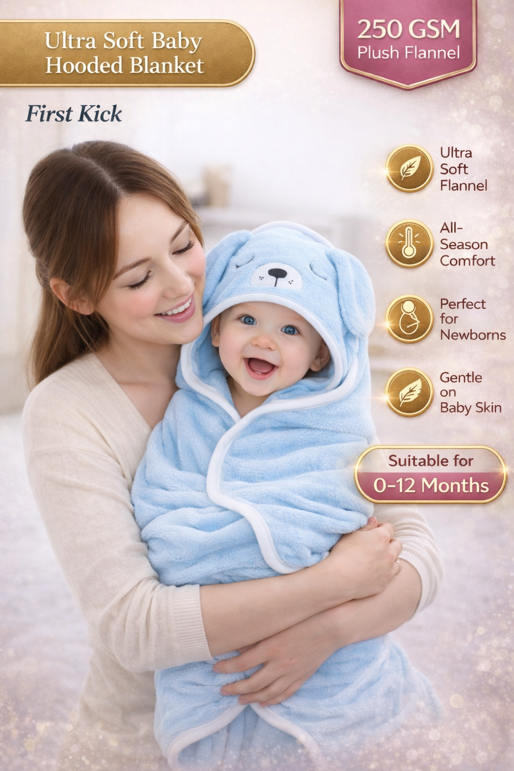BRANDONN Baby Hooded Blanket & Bath Towel – Cream Dog, 0–12 Months, 75x75 cm