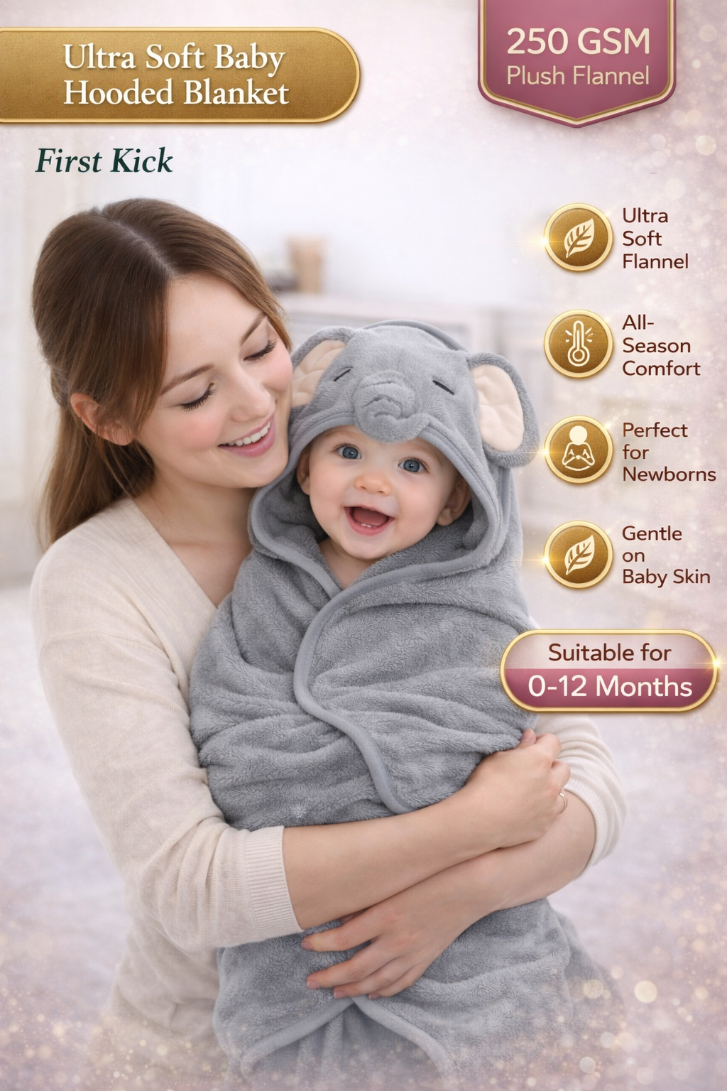 BRANDONN Baby Hooded Blanket & Bath Towel – Elephant | 0–12 Months