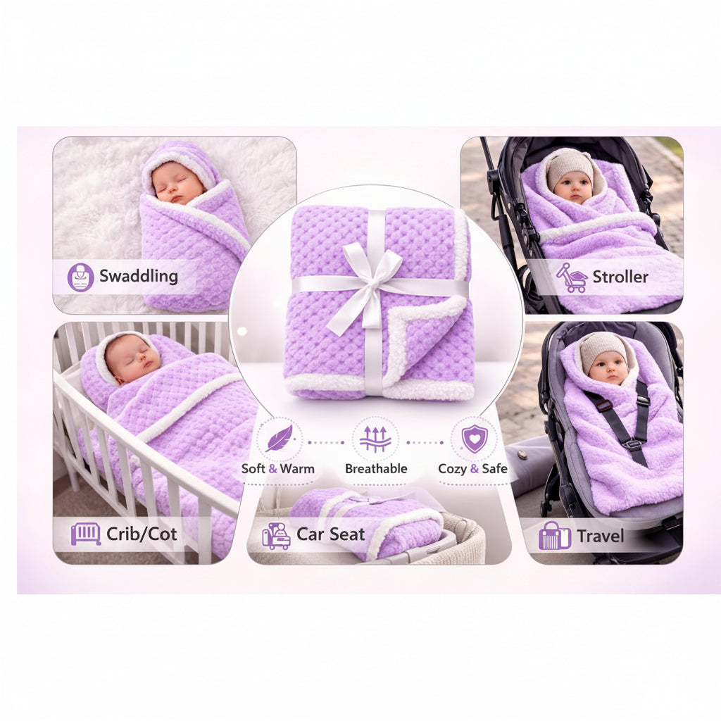 BRANDONN Luxury Flannel & Sherpa Baby Blanket Wrap (0–12 Months)